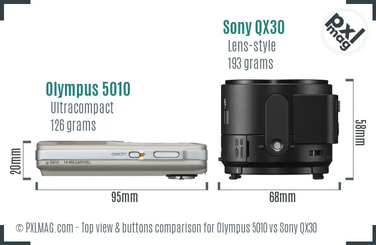 Olympus 5010 vs Sony QX30 top view buttons comparison Olympus 5010 vs Sony QX30 top view buttons comparison
