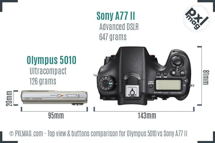 Olympus 5010 vs Sony A77 II top view buttons comparison