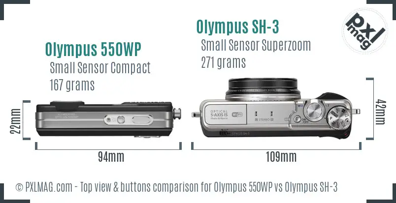 Olympus 550WP vs Olympus SH-3 top view buttons comparison