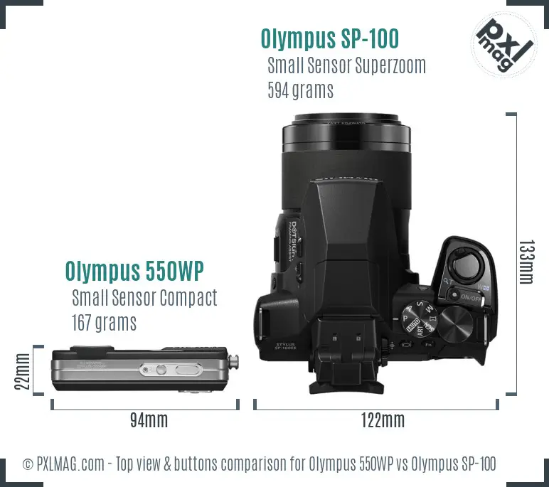 Olympus 550WP vs Olympus SP-100 top view buttons comparison