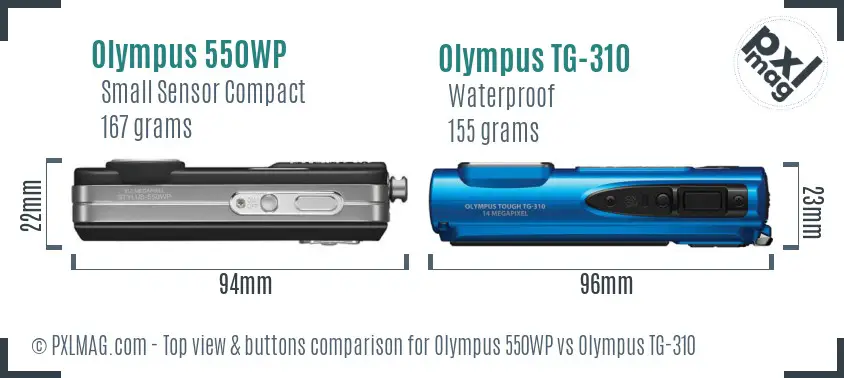 Olympus 550WP vs Olympus TG-310 top view buttons comparison