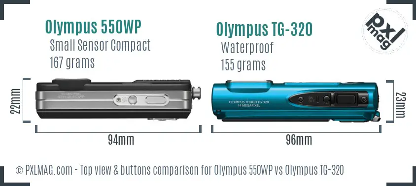 Olympus 550WP vs Olympus TG-320 top view buttons comparison