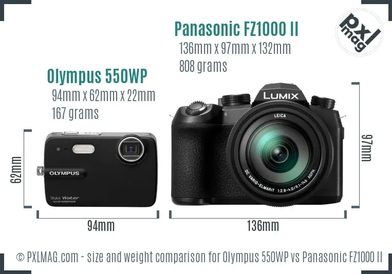 Olympus 550WP vs Panasonic FZ1000 II size comparison