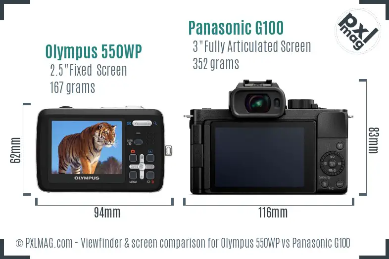 Olympus 550WP vs Panasonic G100 Screen and Viewfinder comparison