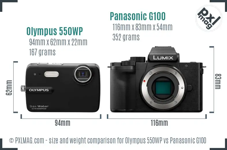 Olympus 550WP vs Panasonic G100 size comparison
