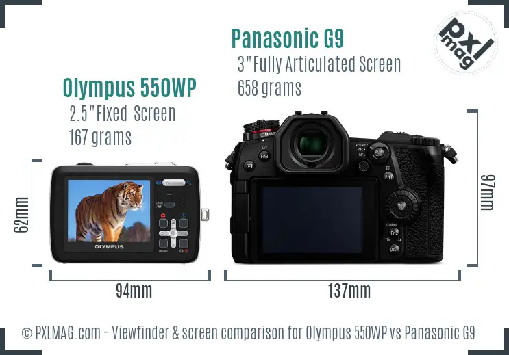 Olympus 550WP vs Panasonic G9 Screen and Viewfinder comparison