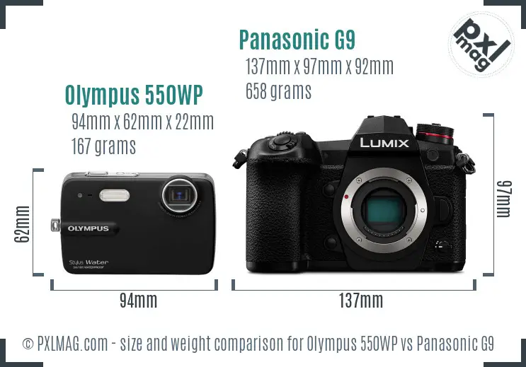 Olympus 550WP vs Panasonic G9 size comparison