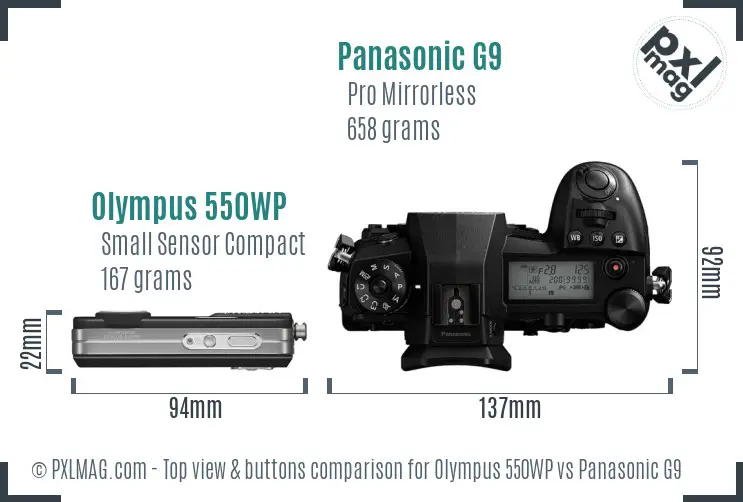 Olympus 550WP vs Panasonic G9 top view buttons comparison