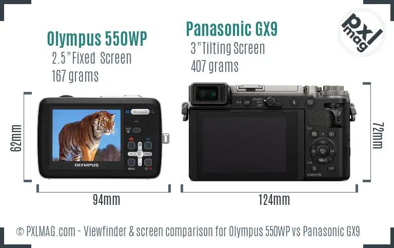 Olympus 550WP vs Panasonic GX9 Screen and Viewfinder comparison