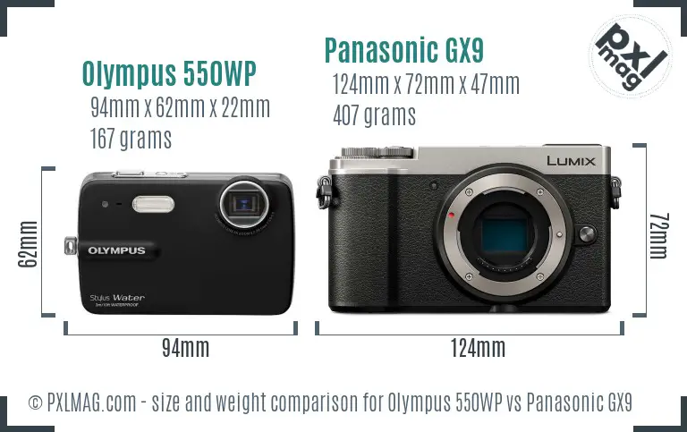 Olympus 550WP vs Panasonic GX9 size comparison