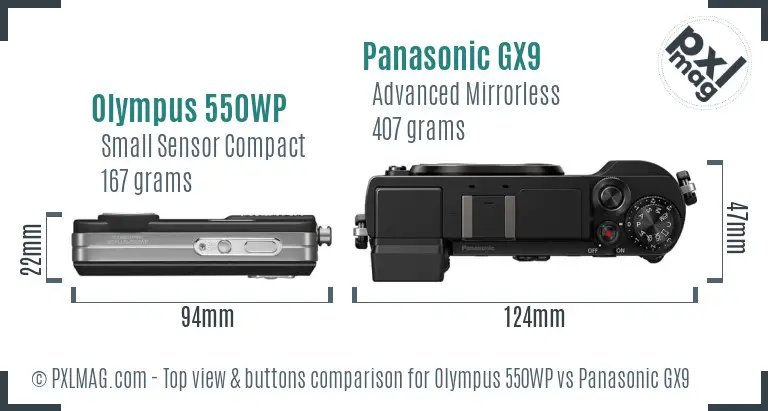 Olympus 550WP vs Panasonic GX9 top view buttons comparison