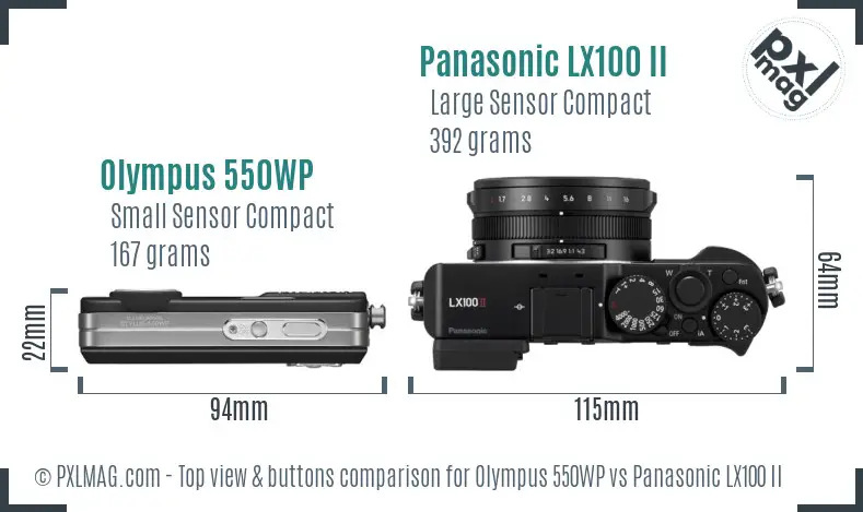 Olympus 550WP vs Panasonic LX100 II top view buttons comparison