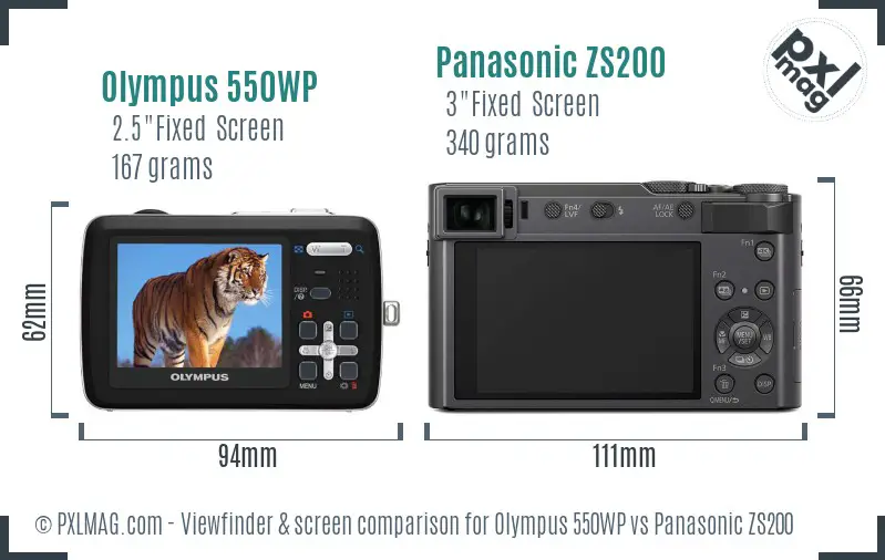 Olympus 550WP vs Panasonic ZS200 Screen and Viewfinder comparison