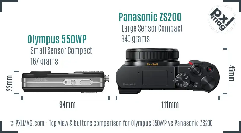 Olympus 550WP vs Panasonic ZS200 top view buttons comparison