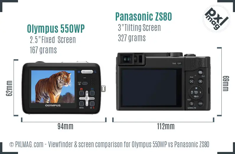 Olympus 550WP vs Panasonic ZS80 Screen and Viewfinder comparison