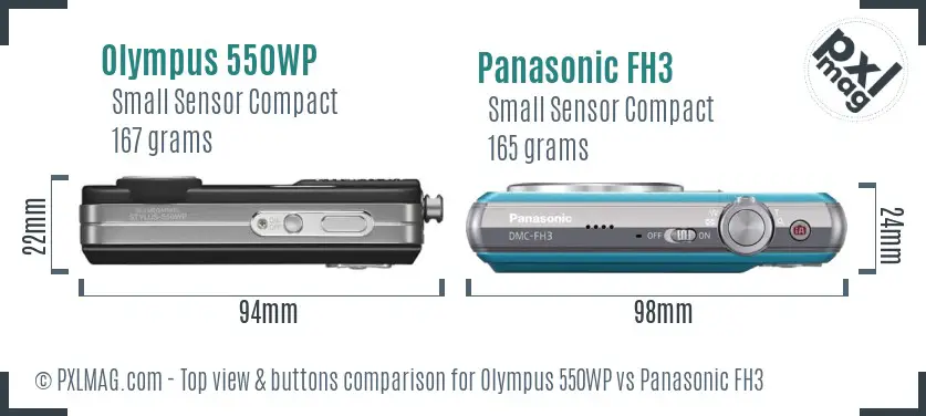 Olympus 550WP vs Panasonic FH3 top view buttons comparison