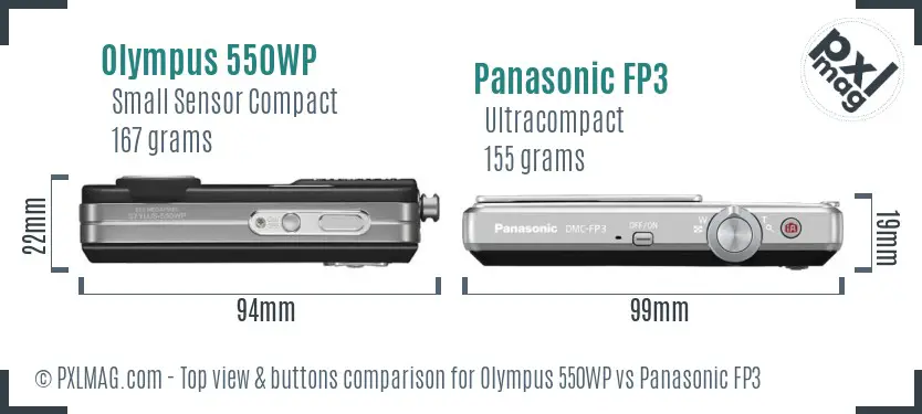 Olympus 550WP vs Panasonic FP3 top view buttons comparison