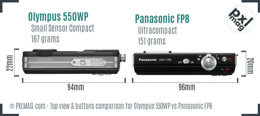 Olympus 550WP vs Panasonic FP8 top view buttons comparison