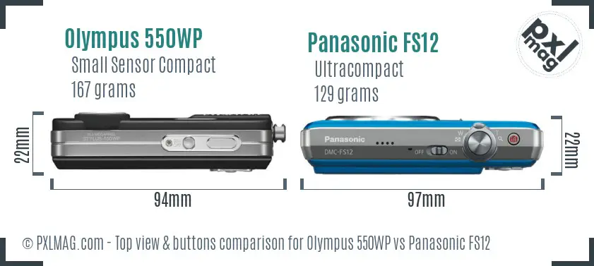 Olympus 550WP vs Panasonic FS12 top view buttons comparison