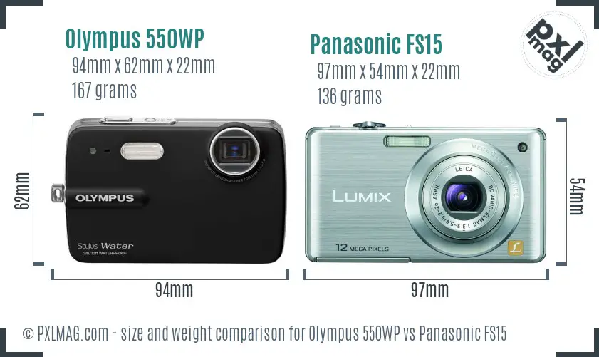 Olympus 550WP vs Panasonic FS15 size comparison