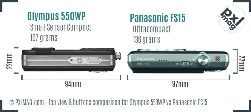 Olympus 550WP vs Panasonic FS15 top view buttons comparison