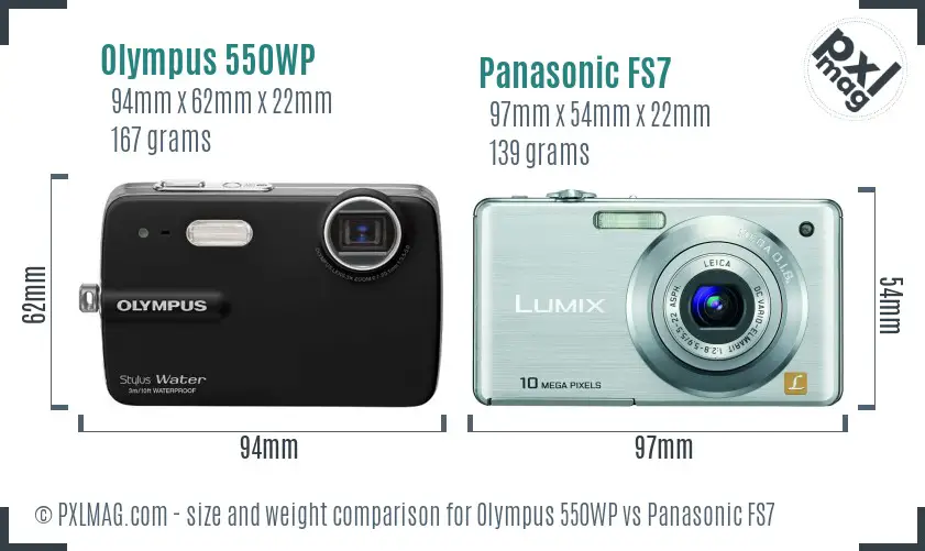 Olympus 550WP vs Panasonic FS7 size comparison