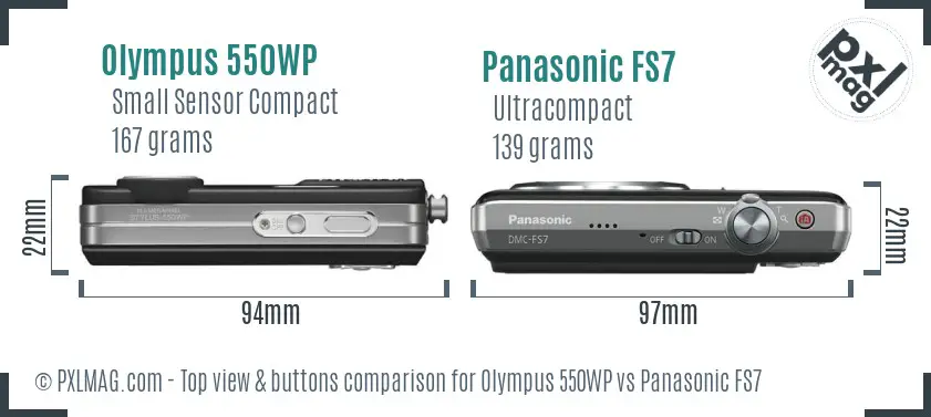 Olympus 550WP vs Panasonic FS7 top view buttons comparison