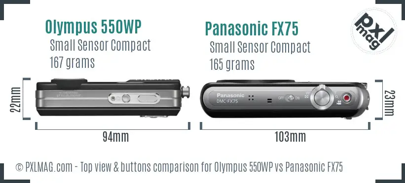 Olympus 550WP vs Panasonic FX75 top view buttons comparison