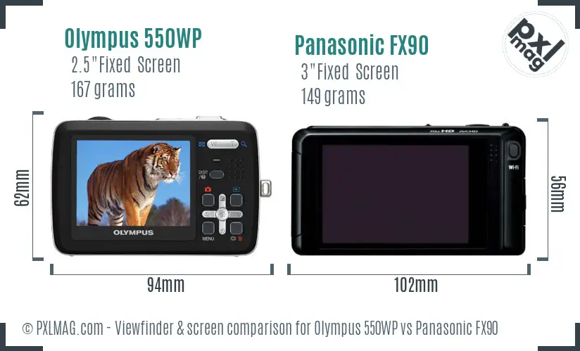 Olympus 550WP vs Panasonic FX90 Screen and Viewfinder comparison