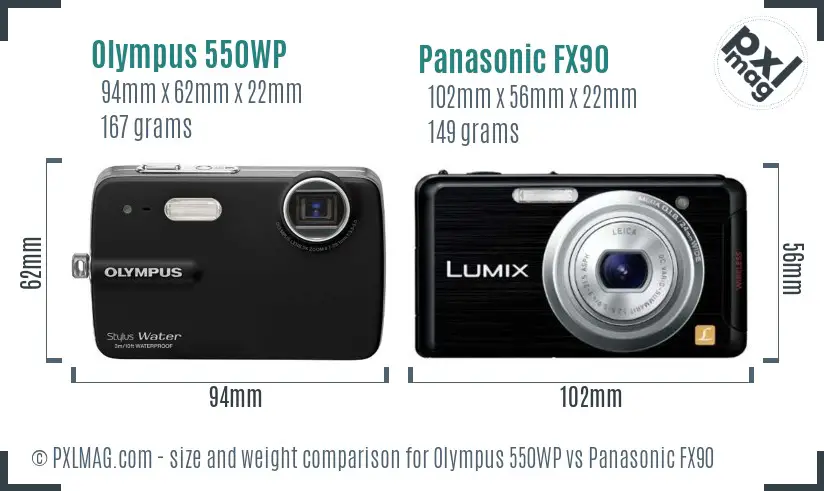 Olympus 550WP vs Panasonic FX90 size comparison
