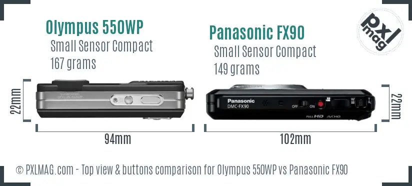Olympus 550WP vs Panasonic FX90 top view buttons comparison