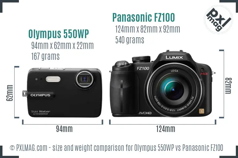 Olympus 550WP vs Panasonic FZ100 size comparison