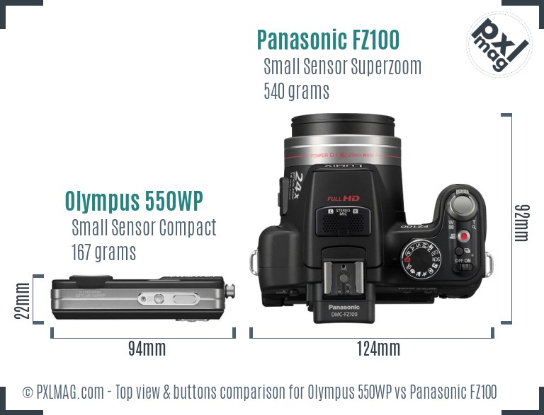 Olympus 550WP vs Panasonic FZ100 top view buttons comparison