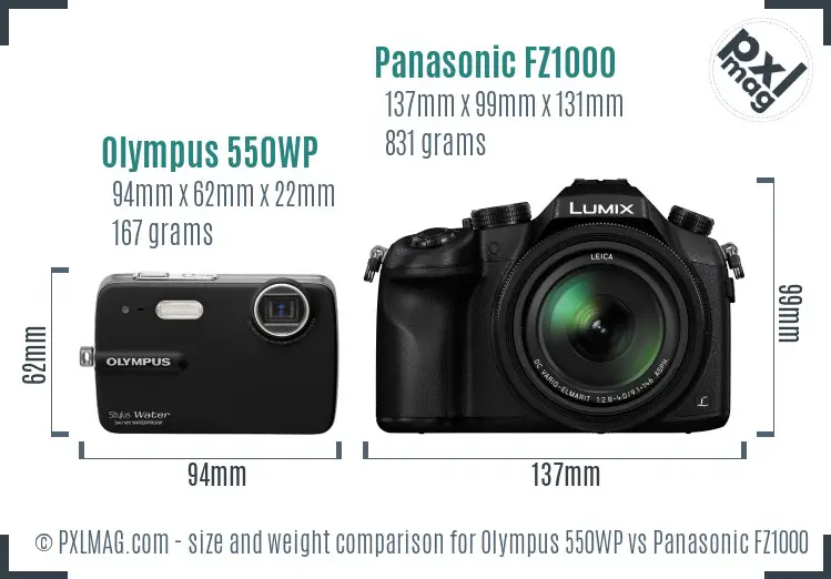 Olympus 550WP vs Panasonic FZ1000 size comparison