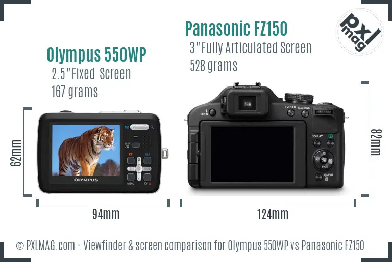 Olympus 550WP vs Panasonic FZ150 Screen and Viewfinder comparison