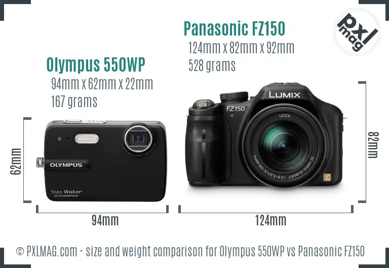 Olympus 550WP vs Panasonic FZ150 size comparison