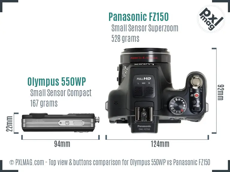 Olympus 550WP vs Panasonic FZ150 top view buttons comparison