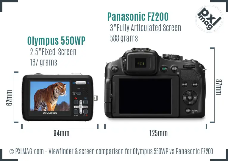 Olympus 550WP vs Panasonic FZ200 Screen and Viewfinder comparison
