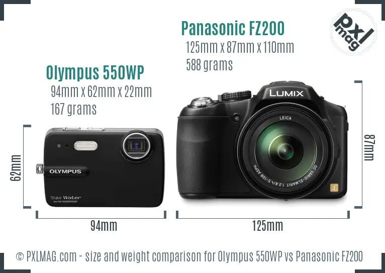 Olympus 550WP vs Panasonic FZ200 size comparison