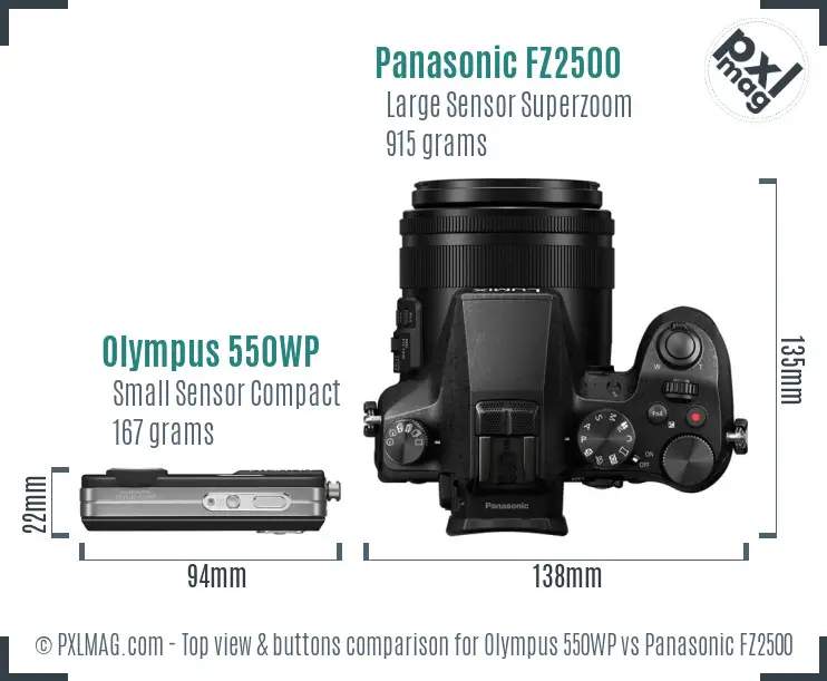 Olympus 550WP vs Panasonic FZ2500 top view buttons comparison