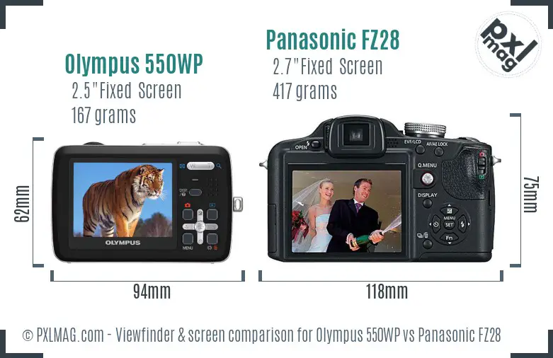 Olympus 550WP vs Panasonic FZ28 Screen and Viewfinder comparison