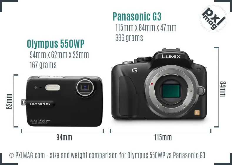 Olympus 550WP vs Panasonic G3 size comparison