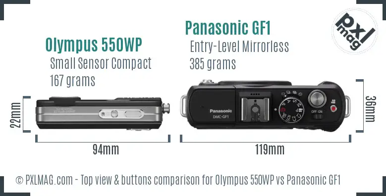 Olympus 550WP vs Panasonic GF1 top view buttons comparison