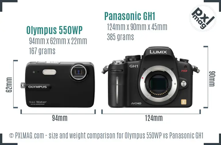 Olympus 550WP vs Panasonic GH1 size comparison