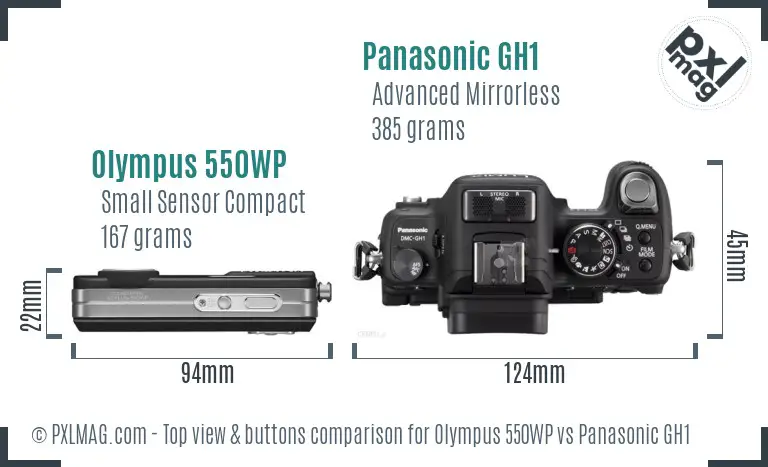 Olympus 550WP vs Panasonic GH1 top view buttons comparison