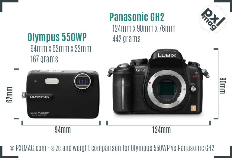 Olympus 550WP vs Panasonic GH2 size comparison