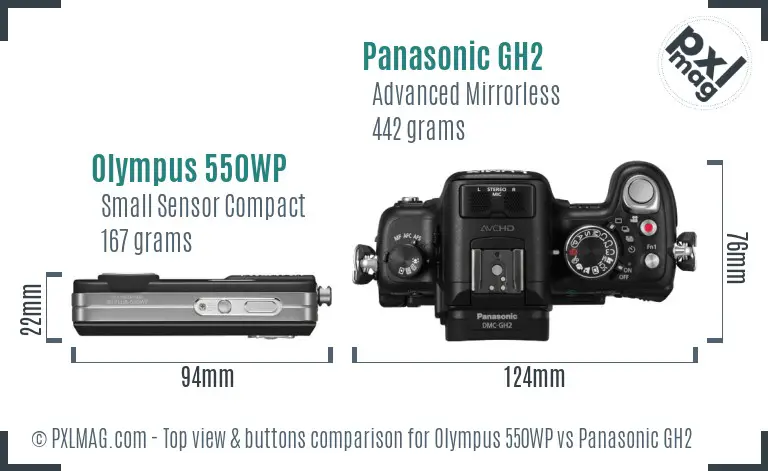 Olympus 550WP vs Panasonic GH2 top view buttons comparison