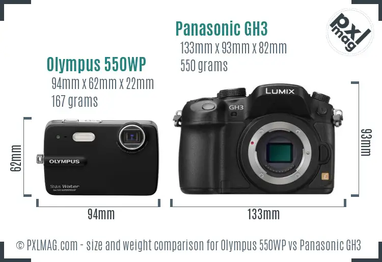 Olympus 550WP vs Panasonic GH3 size comparison Olympus 550WP vs Panasonic GH3 size comparison