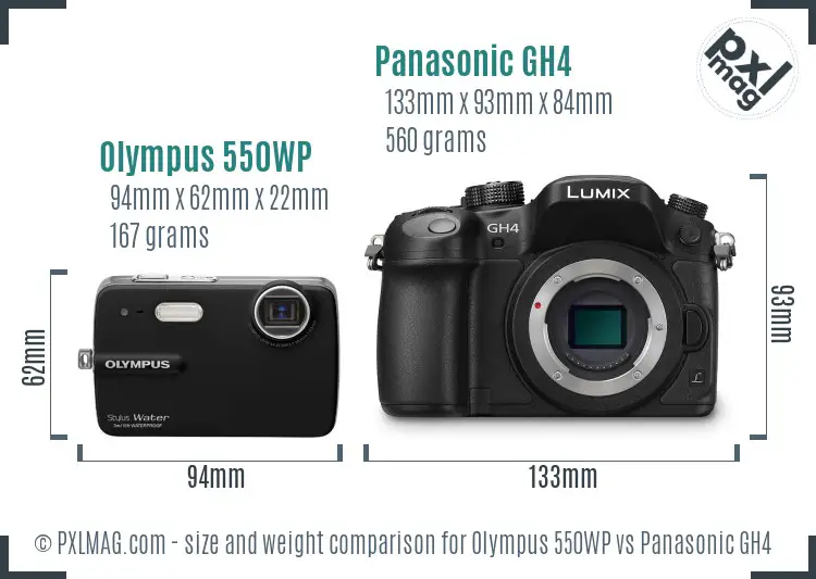 Olympus 550WP vs Panasonic GH4 size comparison