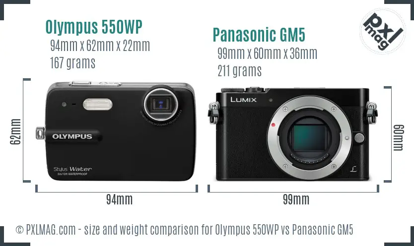 Olympus 550WP vs Panasonic GM5 size comparison